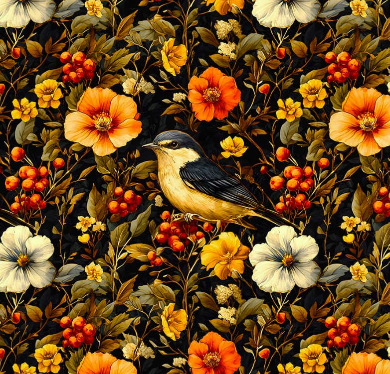 ptaki w jesiennych kwiatach